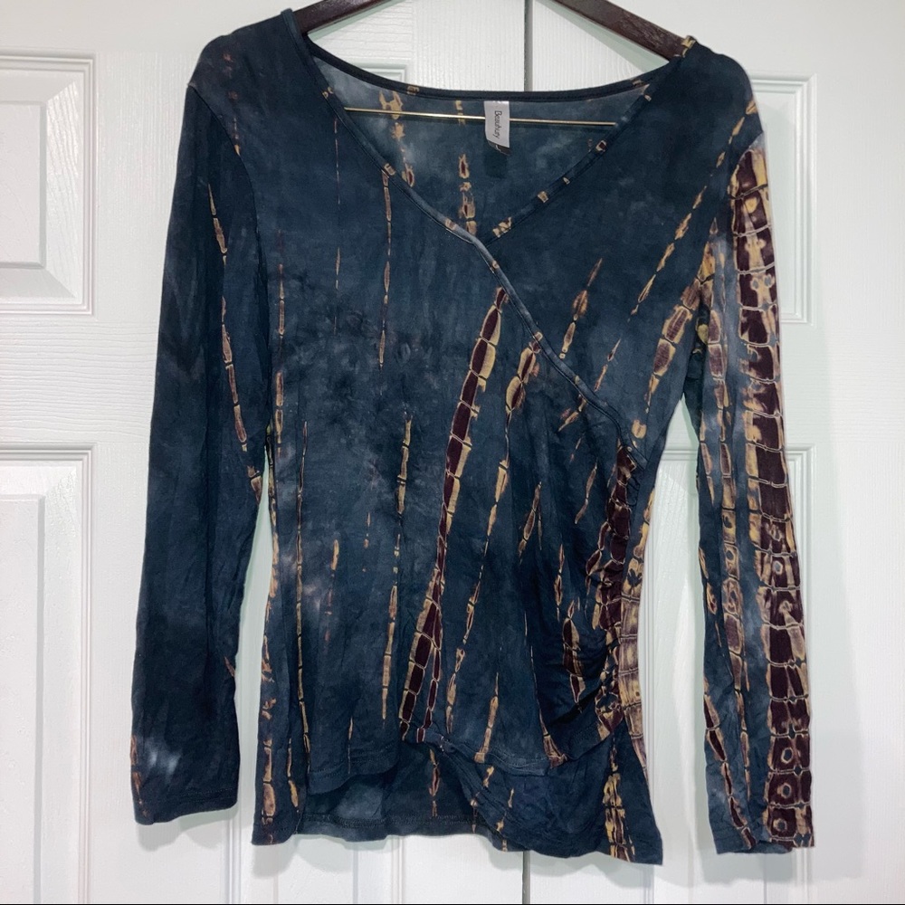 Beauhuty Boho Tie Dye Faux Wrap Fitted Long Sleeve Soft Shirt Top Large